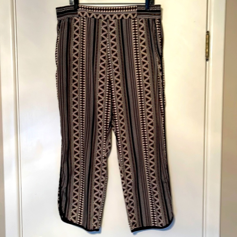 Capris by Investments, brown and black geometric pattern.